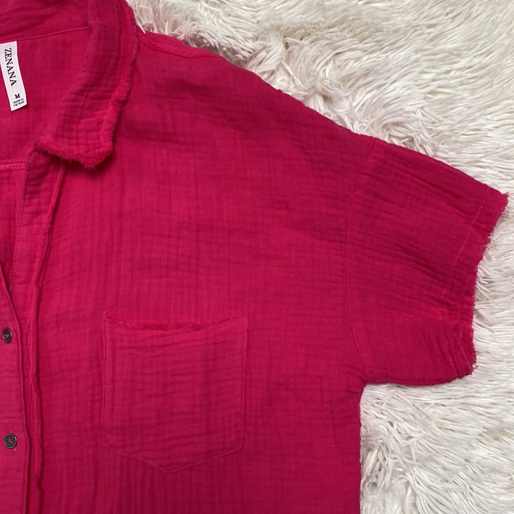 Zenana Button Down Gauze Top 💗 Pink - Picture 7 of 14